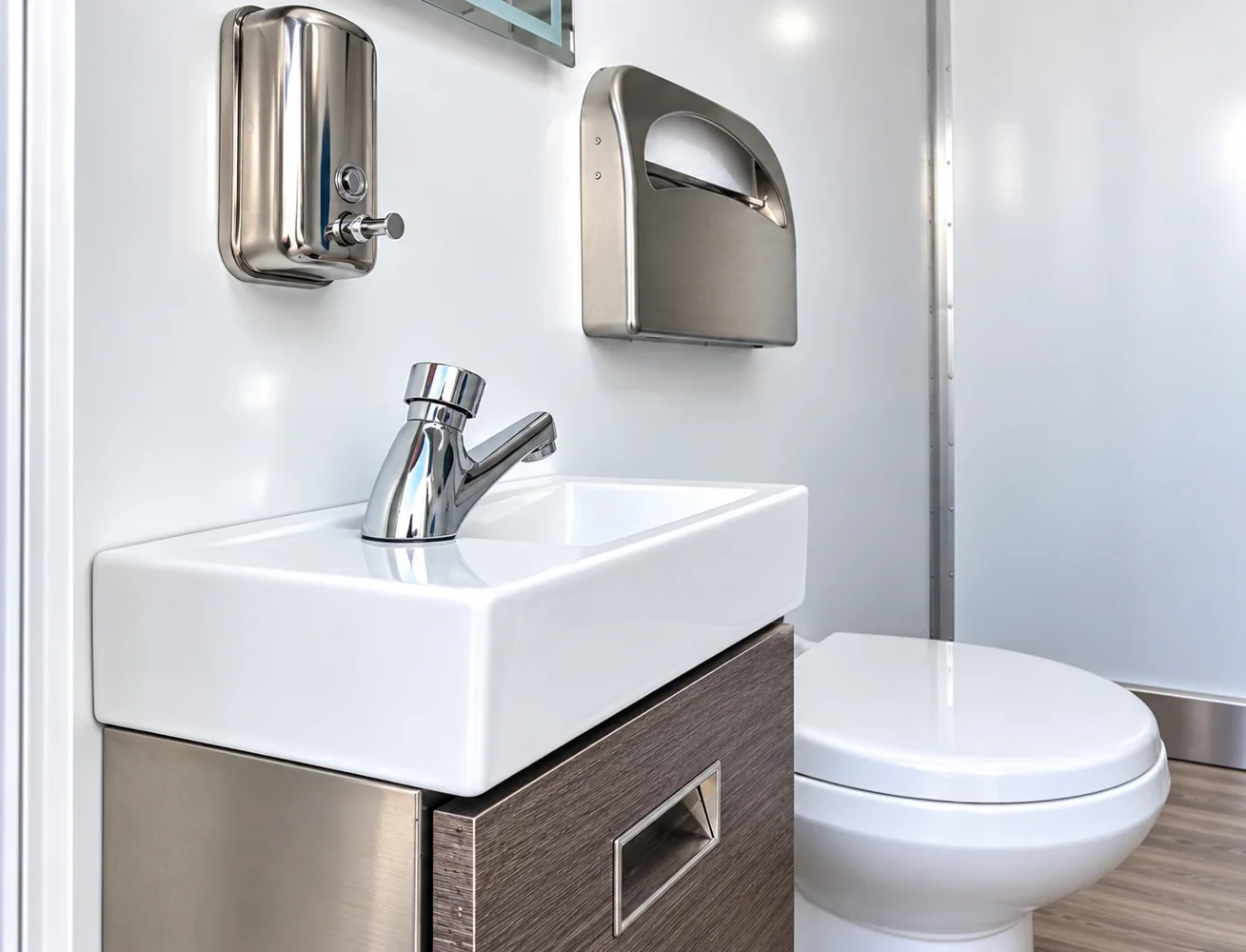 commercial mobile restroom trailer sink interior